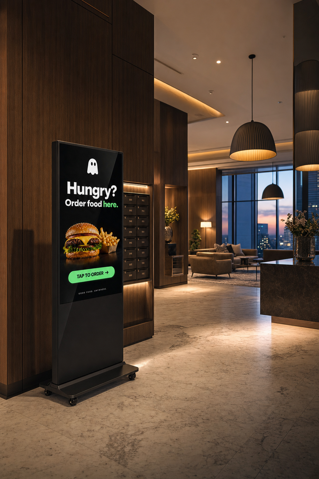 GhostVend kiosk in a luxury high-rise apartment lobby at dusk