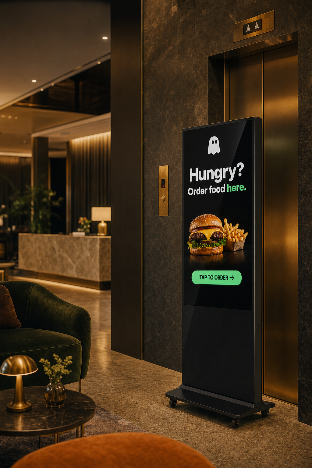 GhostVend kiosk in a boutique hotel lobby near the elevators
